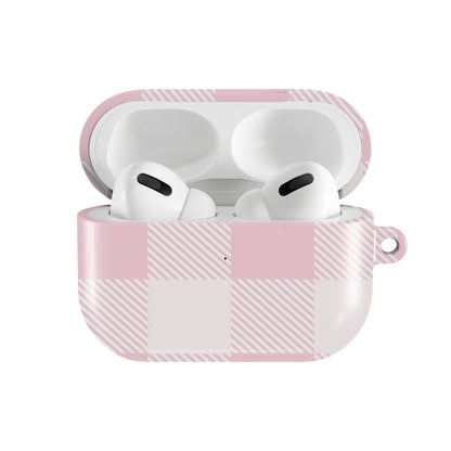 Blush Buffalo Check AirPods case — open front view