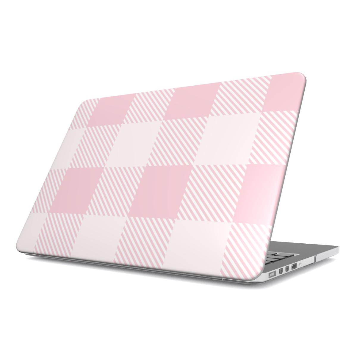 Blush Buffalo Check MacBook case — pink check, hard-shell laptop cover, angled lid view