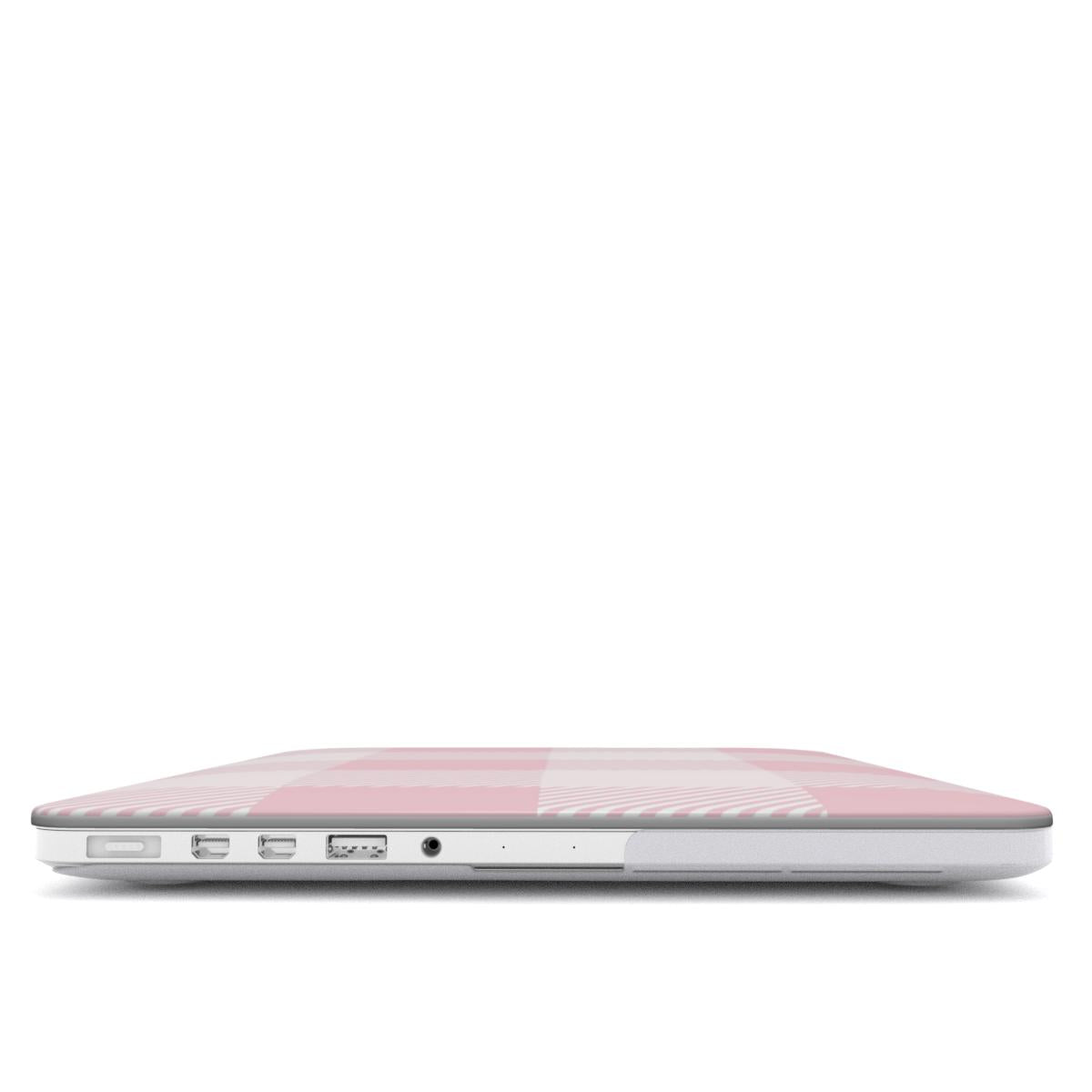 Blush Buffalo Check MacBook case — hard-shell laptop cover, side view with ports
