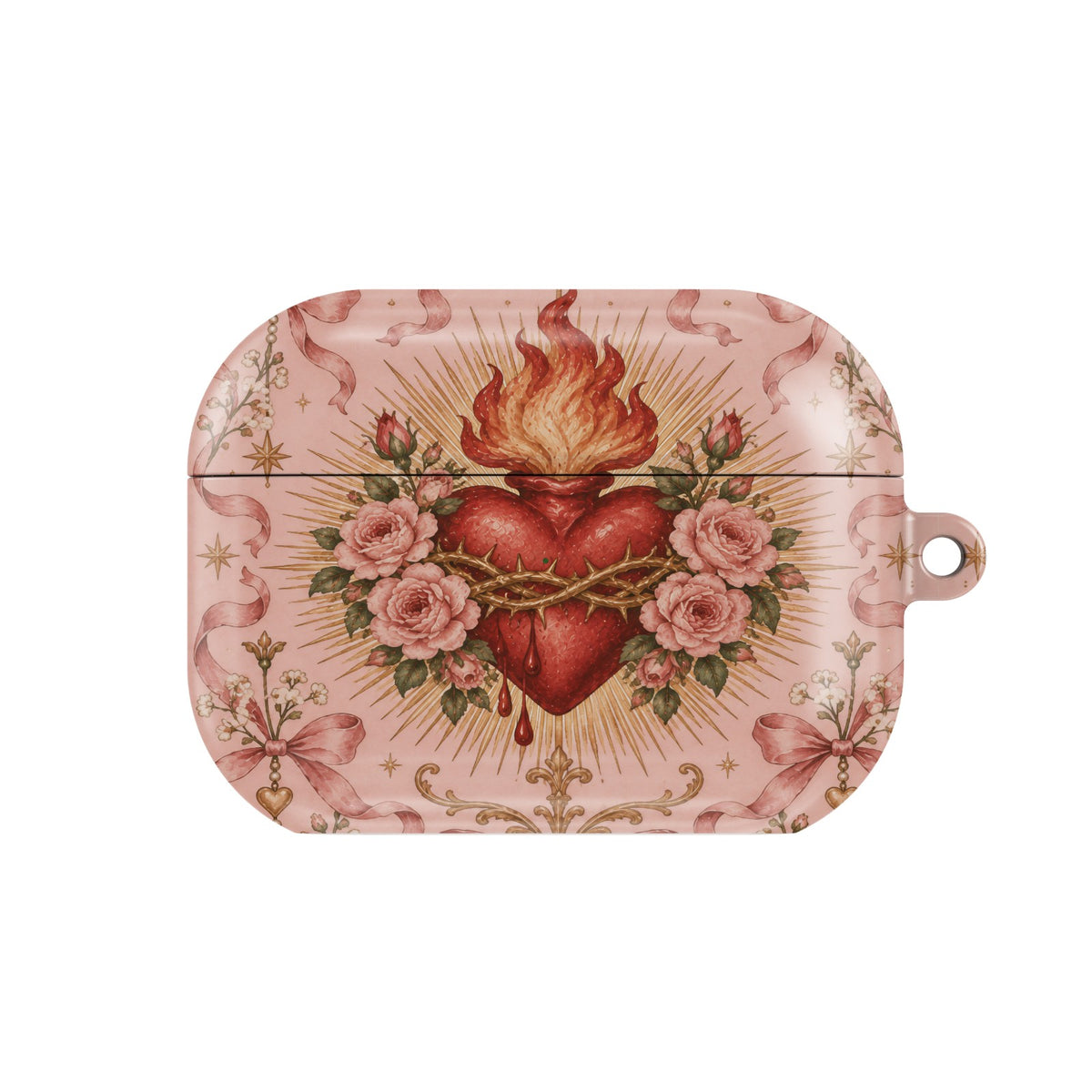 Rose Sacred Heart AirPods case — pink coquette, closed front view
