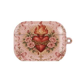 Rose Sacred Heart AirPods case — pink coquette, closed front view