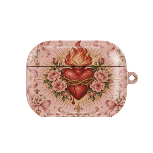 Rose Sacred Heart AirPods case — pink coquette, closed front view