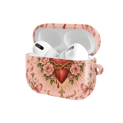 Rose Sacred Heart AirPods case — open angled view