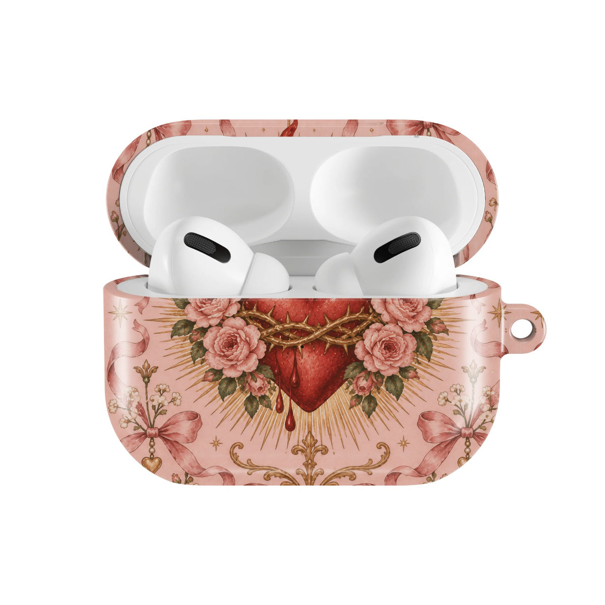 Rose Sacred Heart AirPods case — open front view