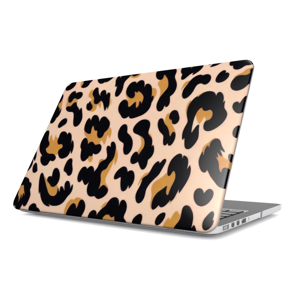 Blush Leopard MacBook case — pink leopard print, hard-shell laptop cover, angled lid view