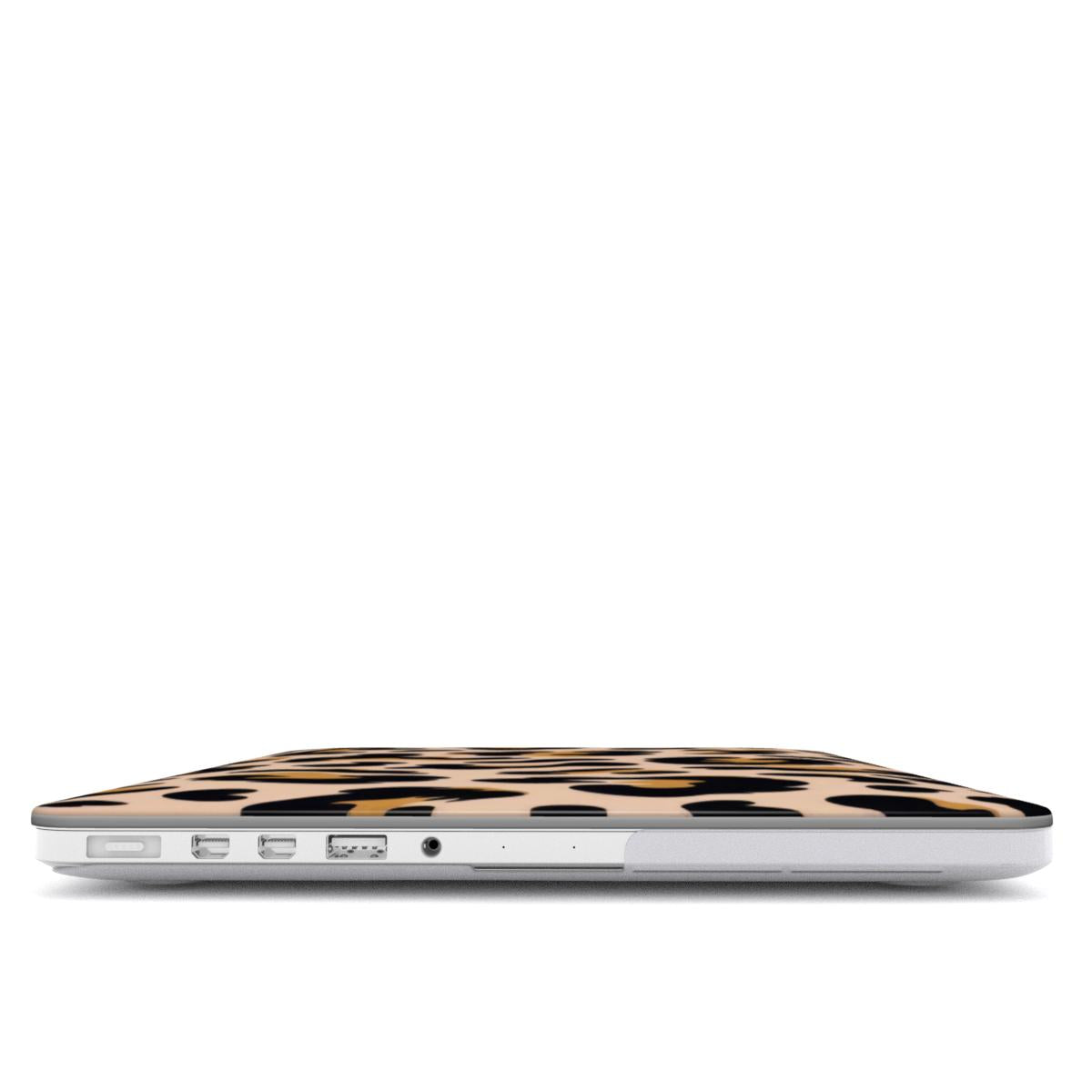 Blush Leopard MacBook case — hard-shell laptop cover, side view with ports