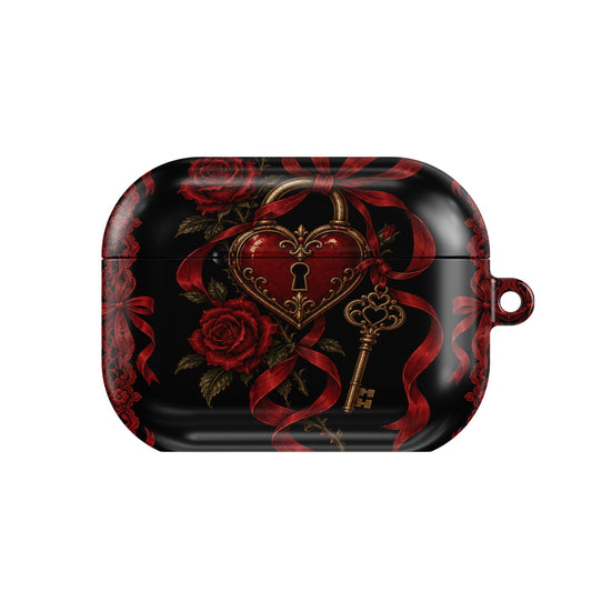 Locked Heart AirPods case — dark romance, closed front view