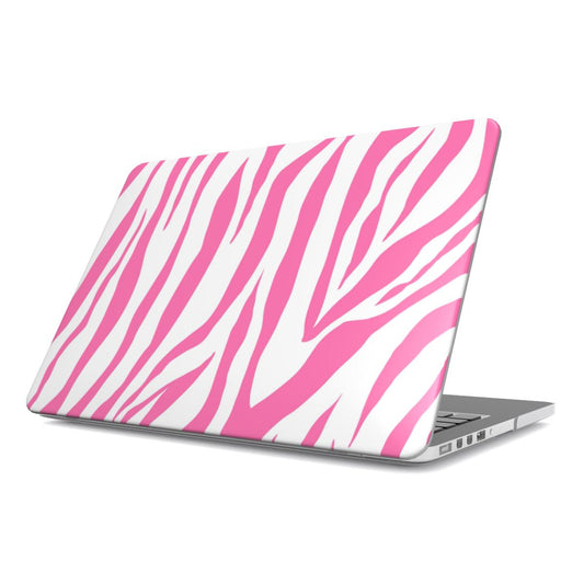 Pink Zebra MacBook case — hot pink zebra, hard-shell laptop cover, angled lid view