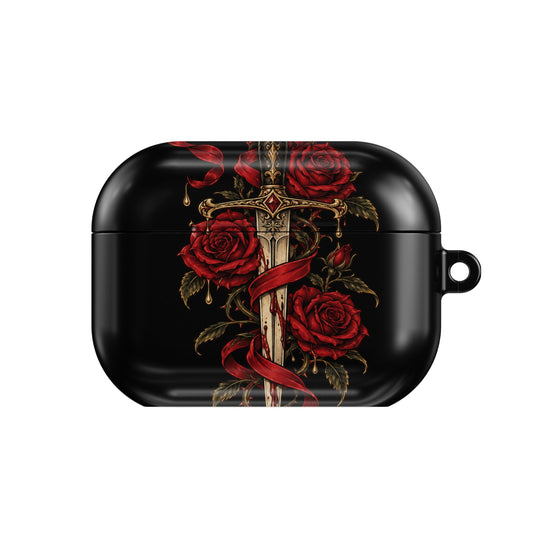 Dagger & Roses AirPods case — dark romance, closed front view