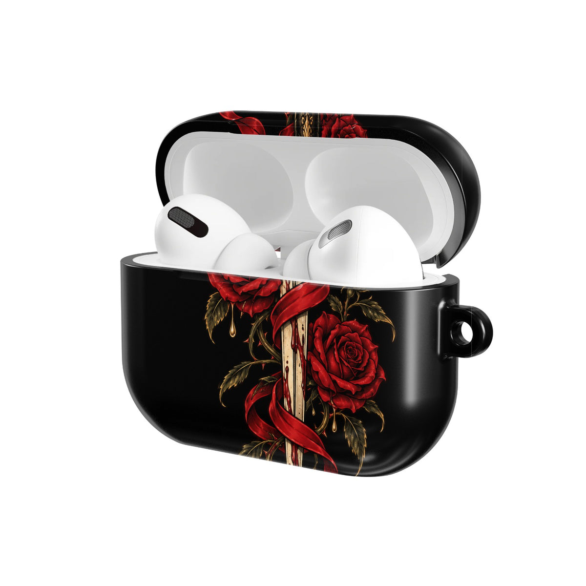 Dagger & Roses AirPods case — open angled view