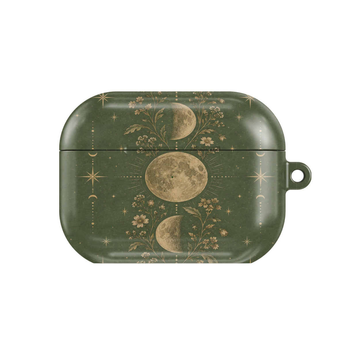 Moss Moon Phases AirPods case — celestial green, closed front view