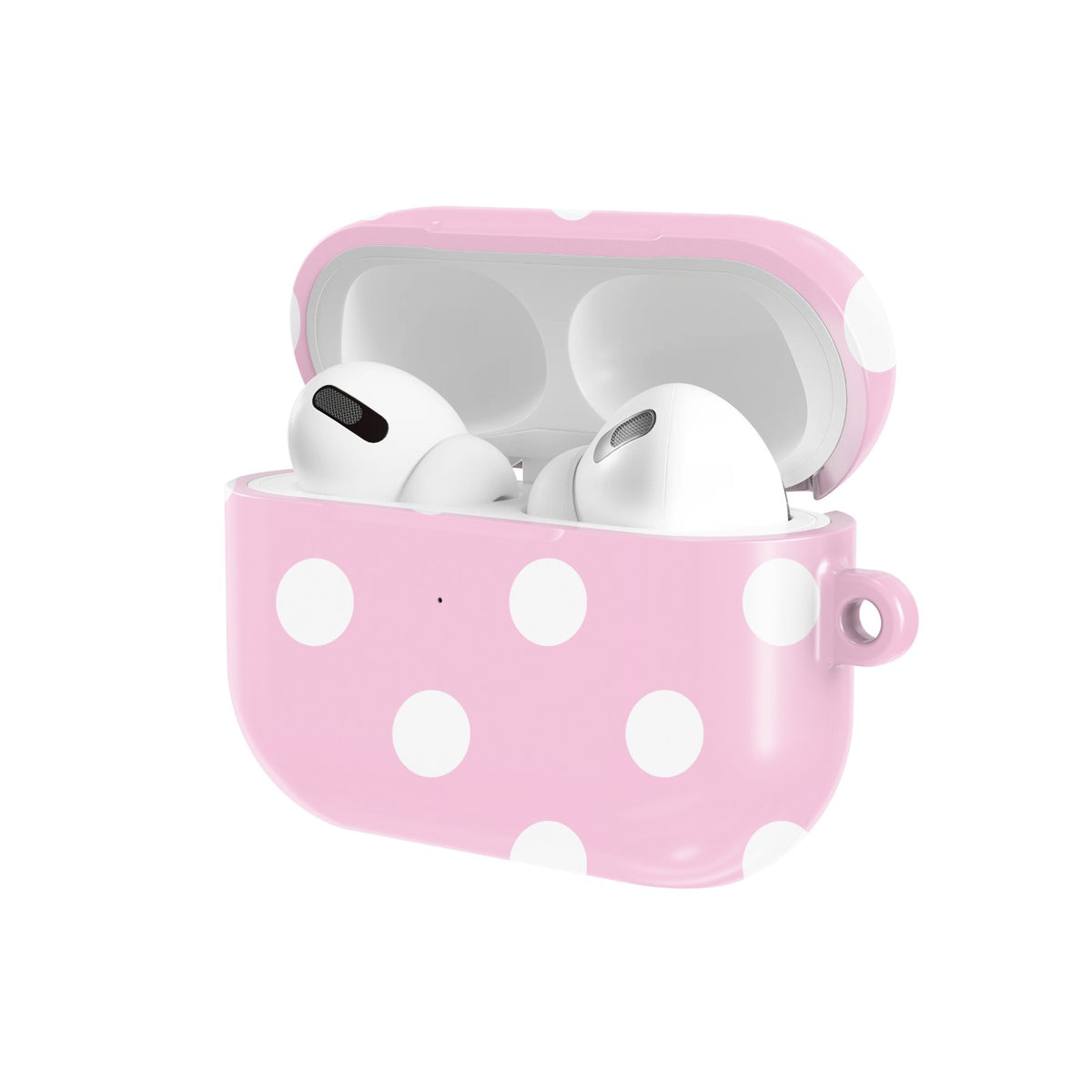 Bubblegum Polka Dot AirPods case — open angled view