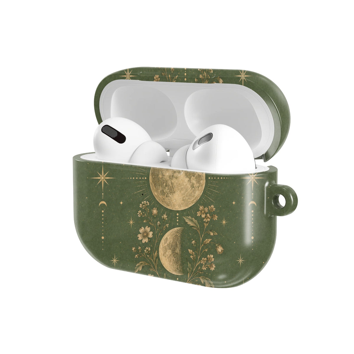 Moss Moon Phases AirPods case — open angled view