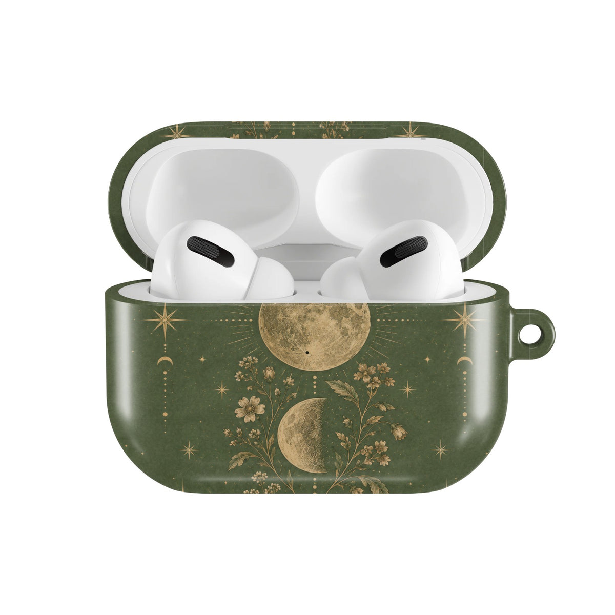Moss Moon Phases AirPods case — open front view