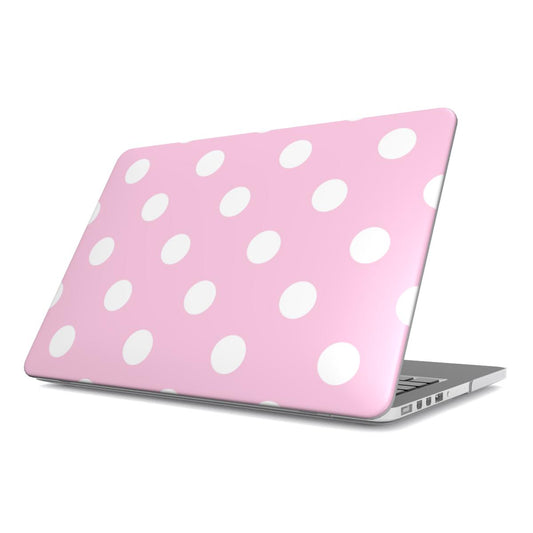 Bubblegum Polka Dot MacBook case — pink dot, hard-shell laptop cover, angled lid view