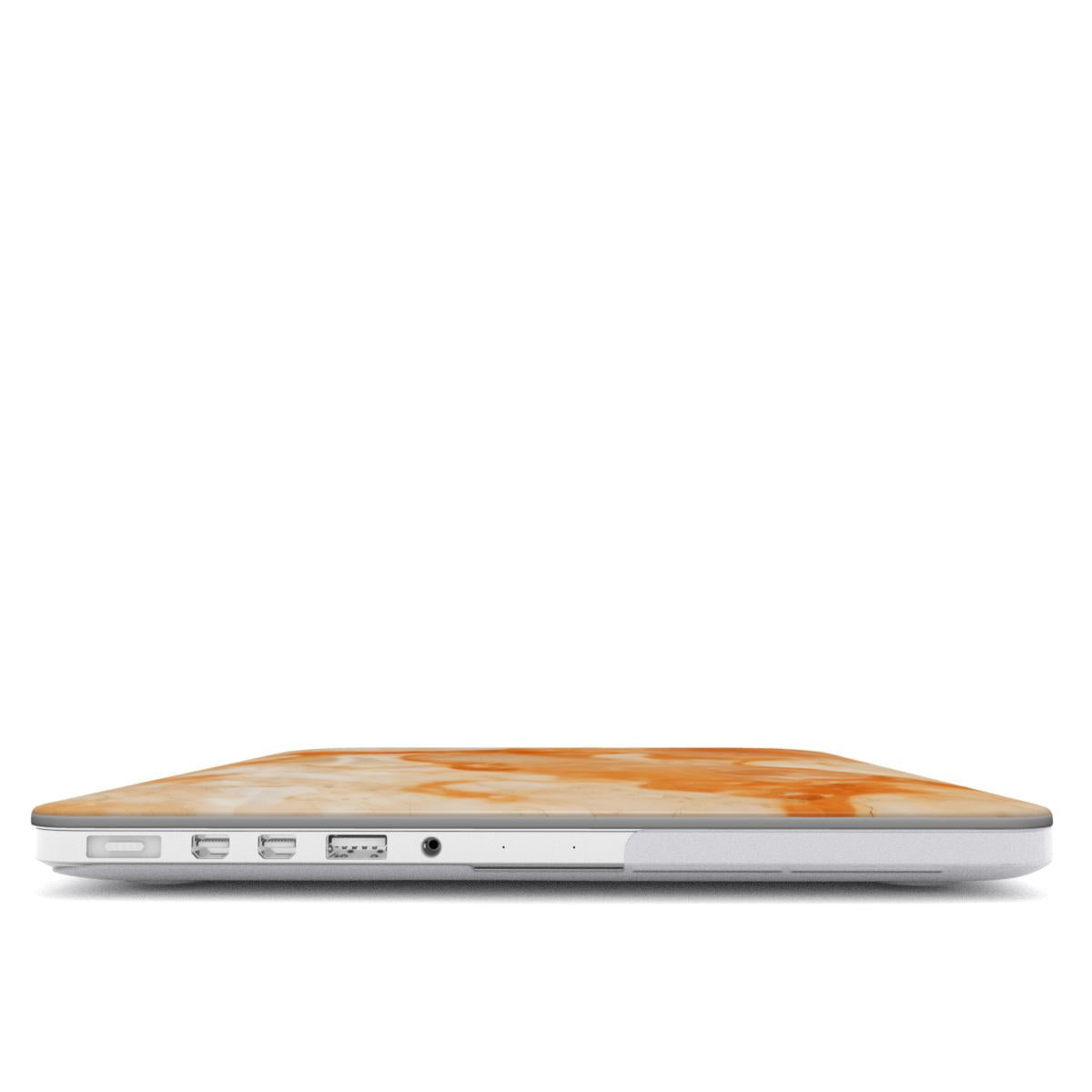Apricot Marble MacBook case — hard-shell laptop cover, side view with ports