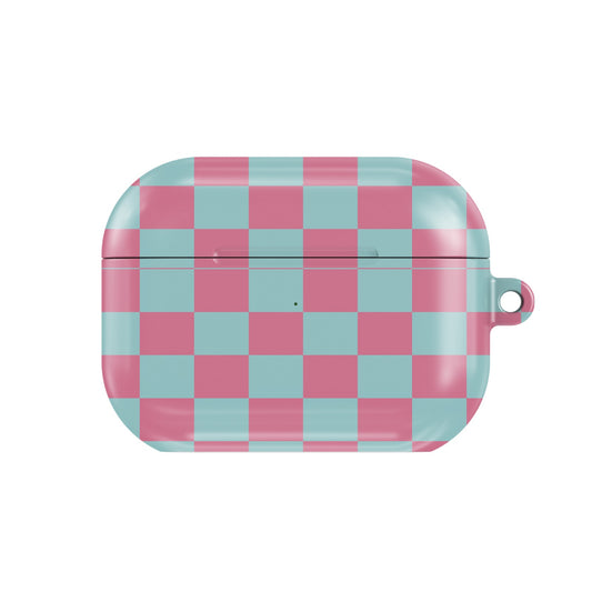 Pink & Mint Check AirPods case — pastel check, closed front view