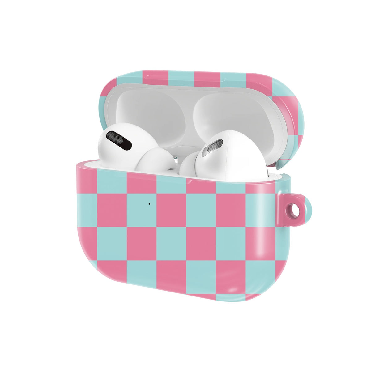 Pink & Mint Check AirPods case — open angled view