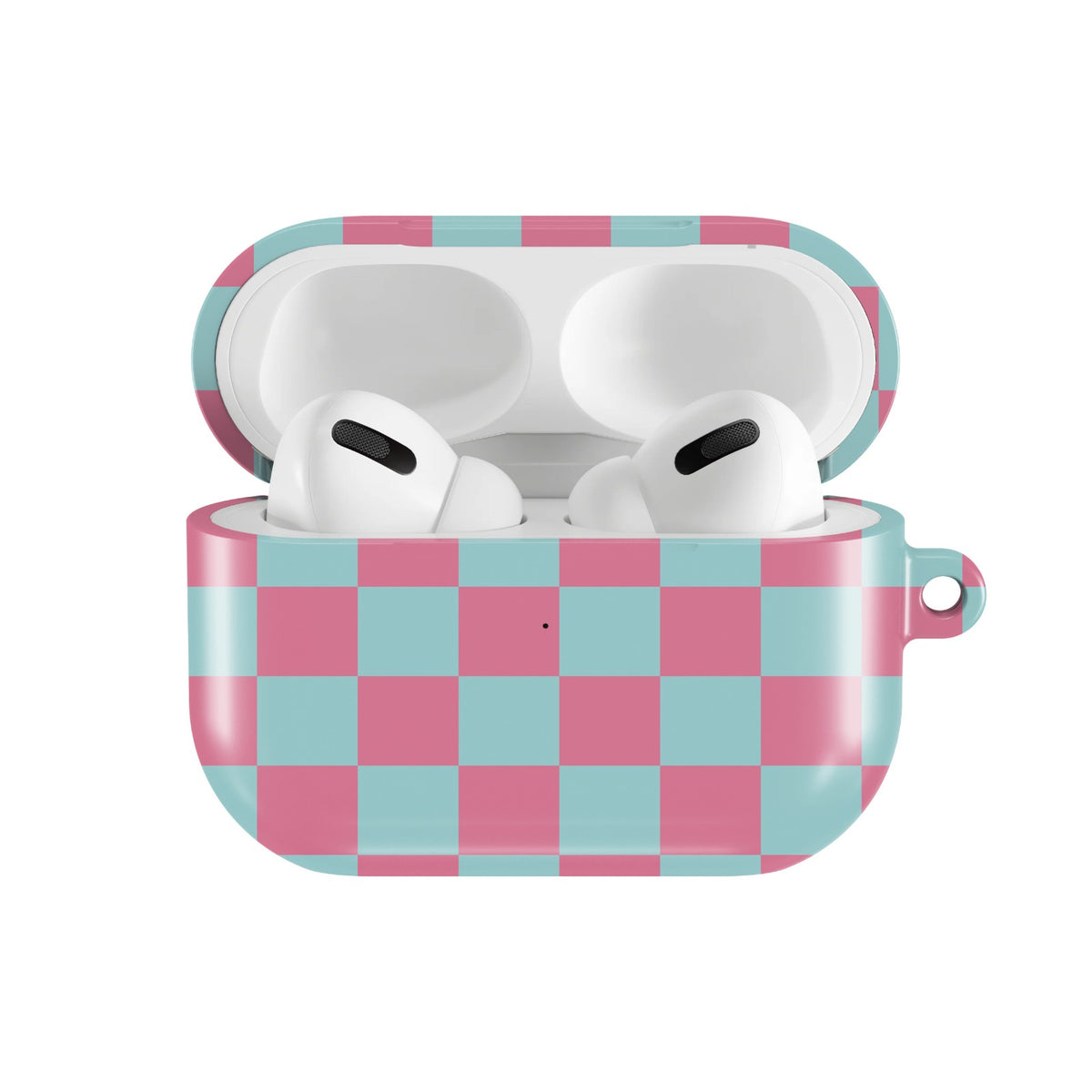 Pink & Mint Check AirPods case — open front view