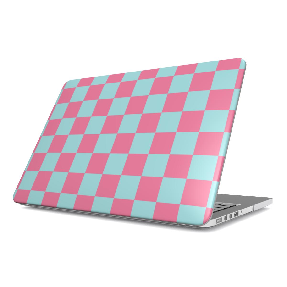 Pink & Mint Check MacBook case — pastel check, hard-shell laptop cover, angled lid view