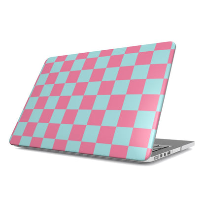 Pink & Mint Check MacBook case — pastel check, hard-shell laptop cover, angled lid view