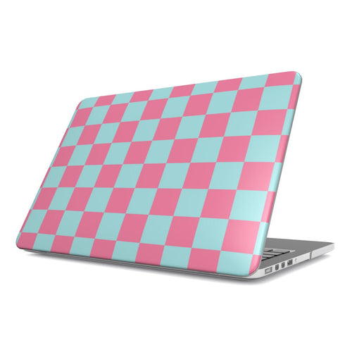 Pink & Mint Check MacBook case — pastel check, hard-shell laptop cover, angled lid view