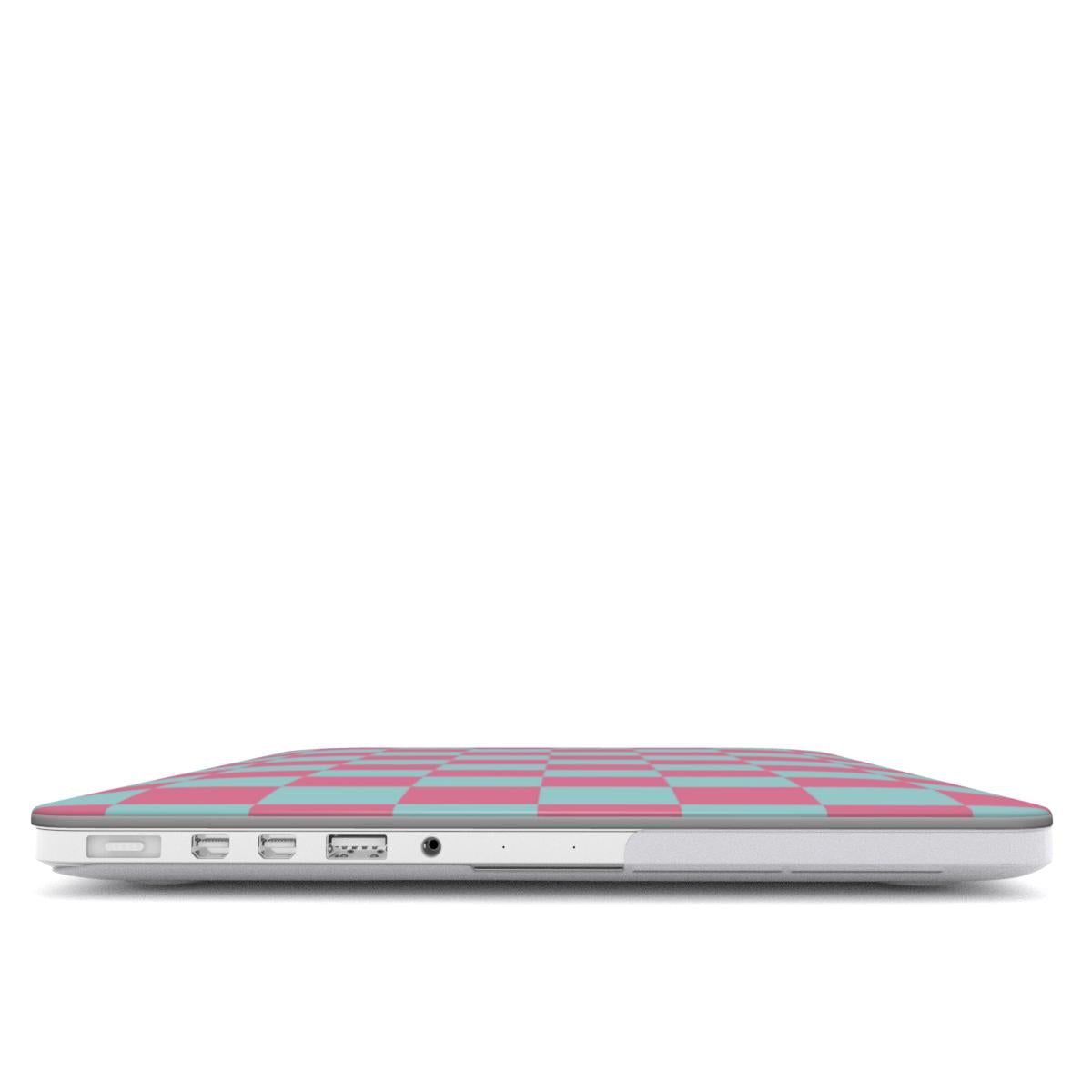 Pink & Mint Check MacBook case — hard-shell laptop cover, side view with ports