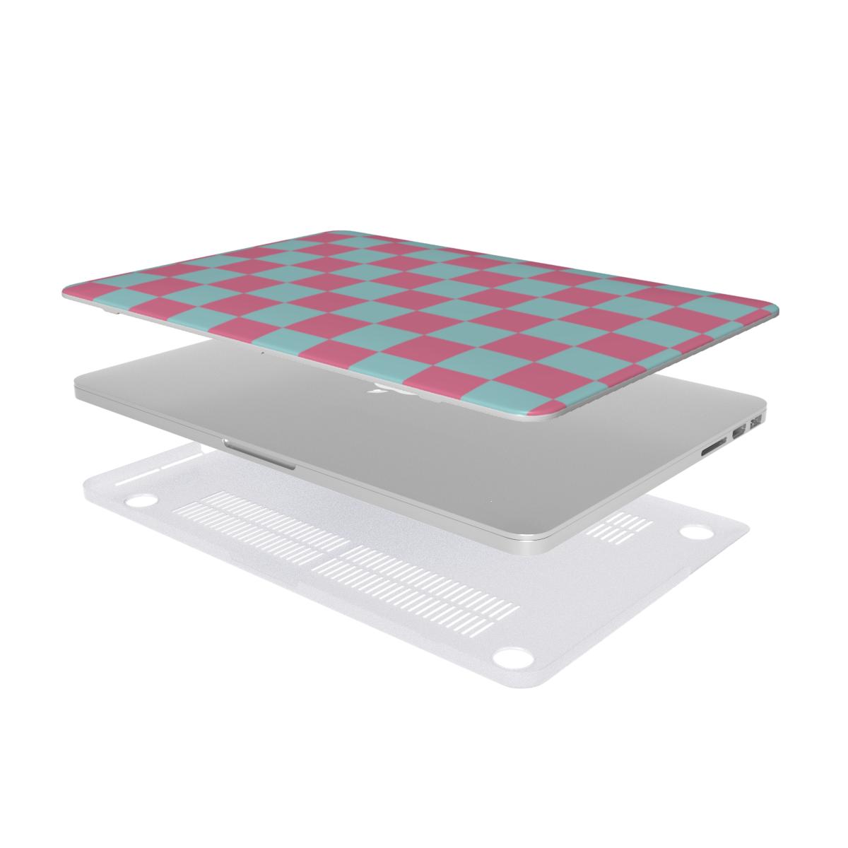 Pink & Mint Check MacBook case — hard-shell laptop cover, two-piece shell view
