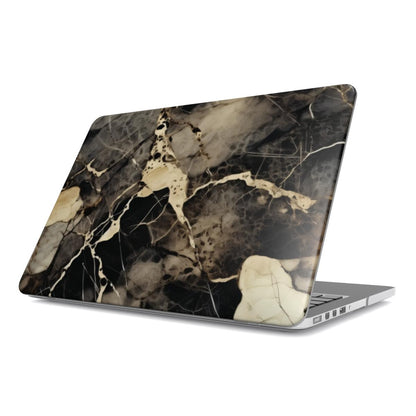 Black & Gold Marble MacBook case — gilded stone, hard-shell laptop cover, angled lid view