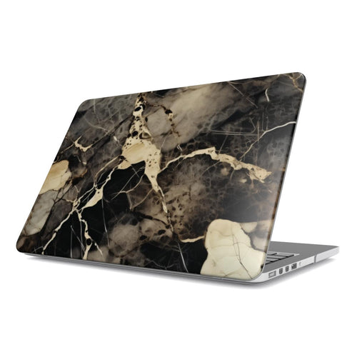 Black & Gold Marble MacBook case — gilded stone, hard-shell laptop cover, angled lid view