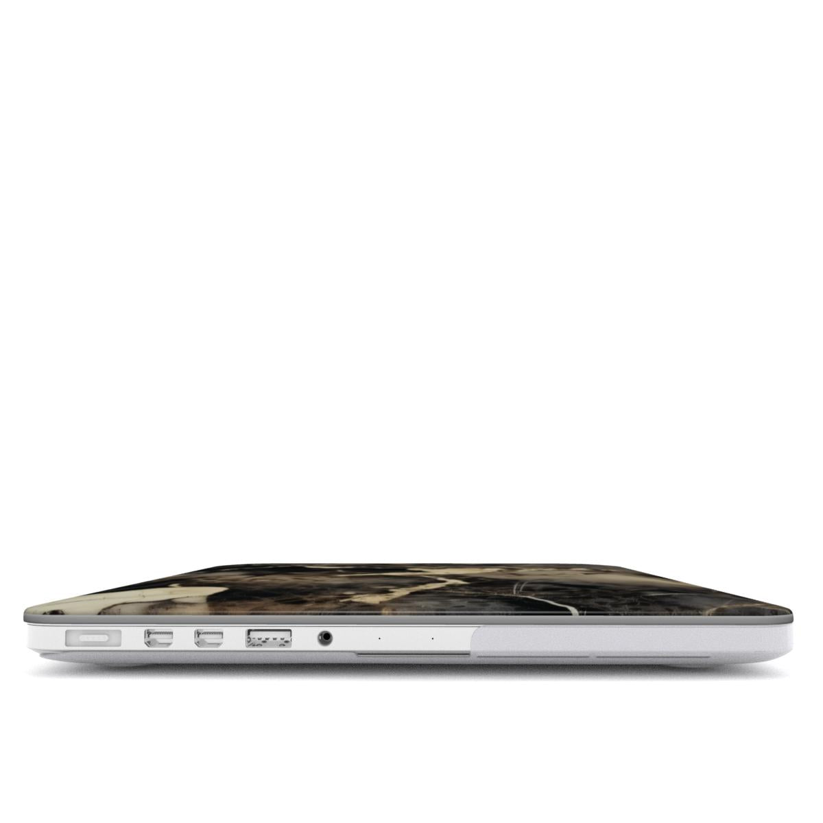Black & Gold Marble MacBook case — hard-shell laptop cover, side view with ports