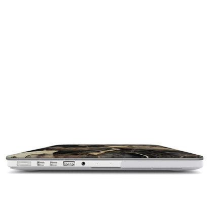Black & Gold Marble MacBook case — hard-shell laptop cover, side view with ports