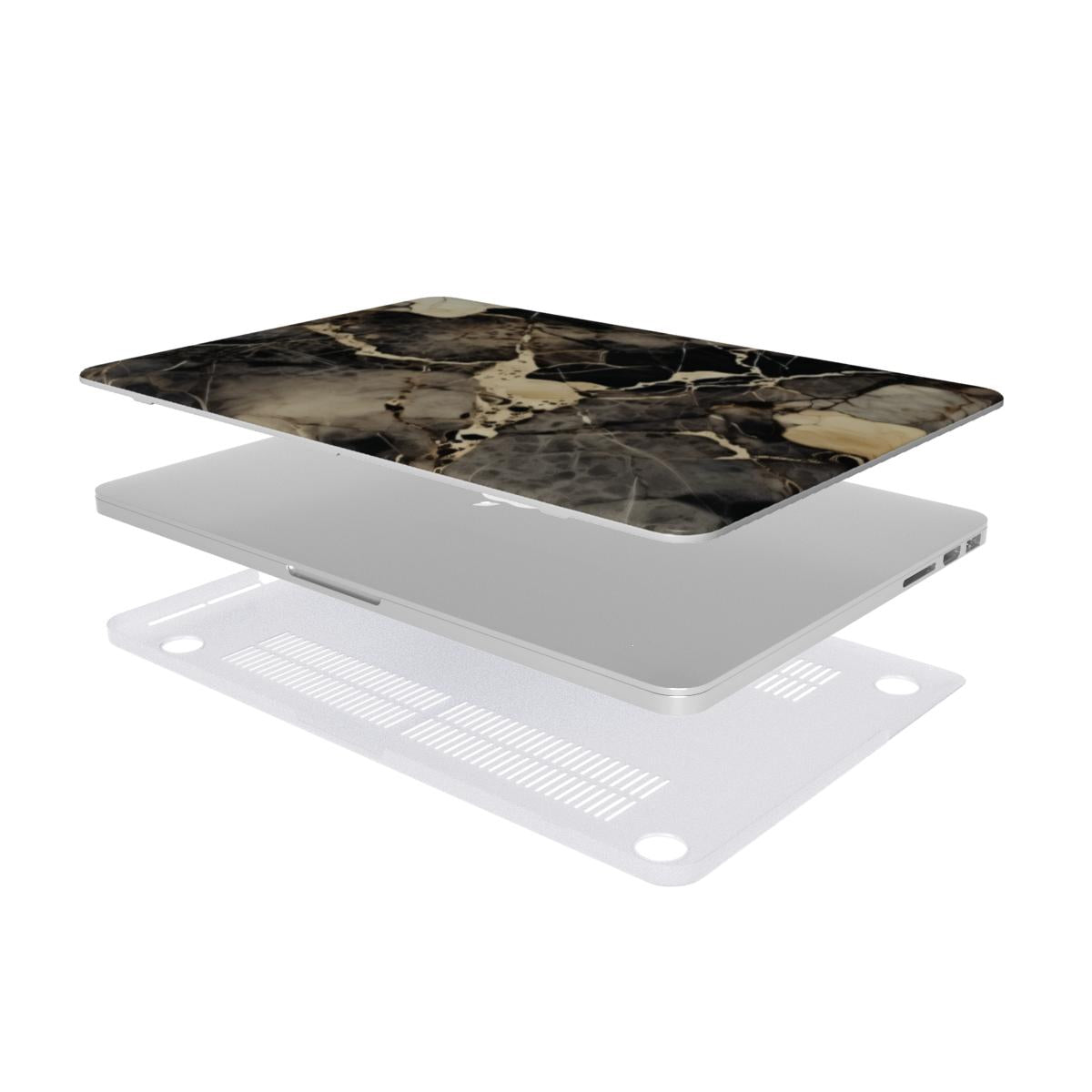 Black & Gold Marble MacBook case — hard-shell laptop cover, two-piece shell view