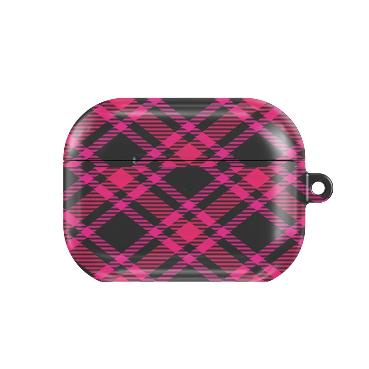 Hot Pink Tartan AirPods case — pink & black plaid, closed front view