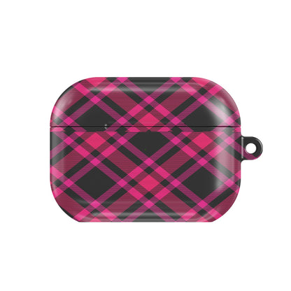 Hot Pink Tartan AirPods case — pink & black plaid, closed front view