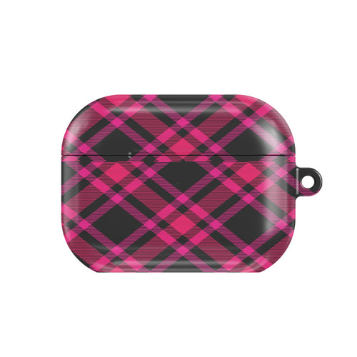 Hot Pink Tartan AirPods case — pink & black plaid, closed front view