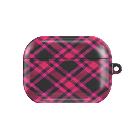 Hot Pink Tartan AirPods case — pink & black plaid, closed front view