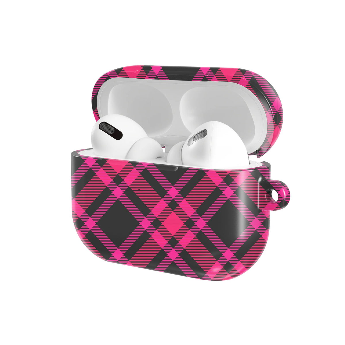 Hot Pink Tartan AirPods case — open angled view