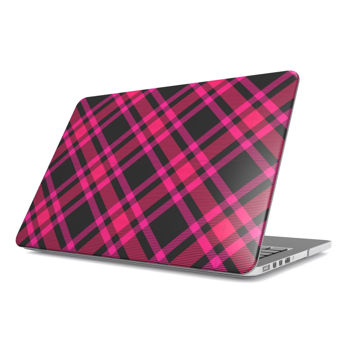 Hot Pink Tartan MacBook case — pink & black plaid, hard-shell laptop cover, angled lid view