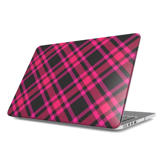 Hot Pink Tartan MacBook case — pink & black plaid, hard-shell laptop cover, angled lid view