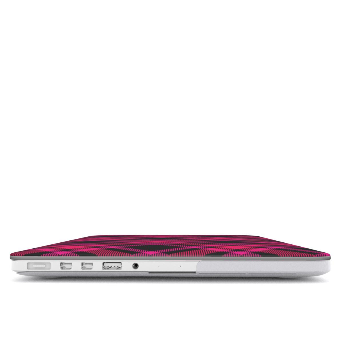 Hot Pink Tartan MacBook case — hard-shell laptop cover, side view with ports
