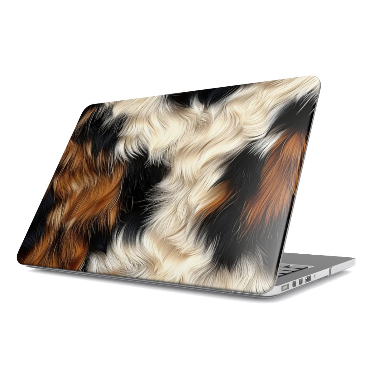 Tricolor Cowhide MacBook case — cow print, hard-shell laptop cover, angled lid view