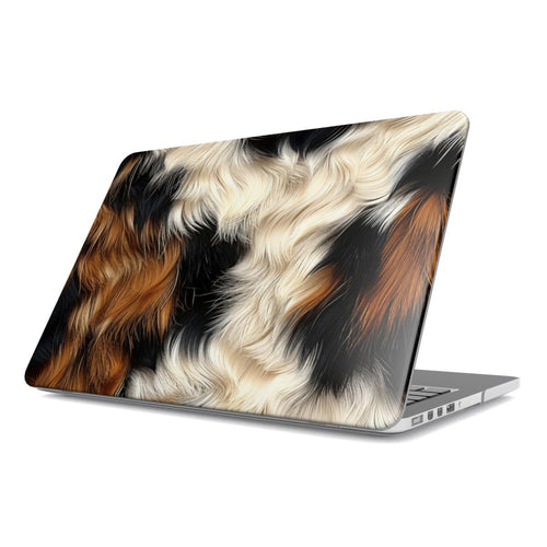 Tricolor Cowhide MacBook case — cow print, hard-shell laptop cover, angled lid view