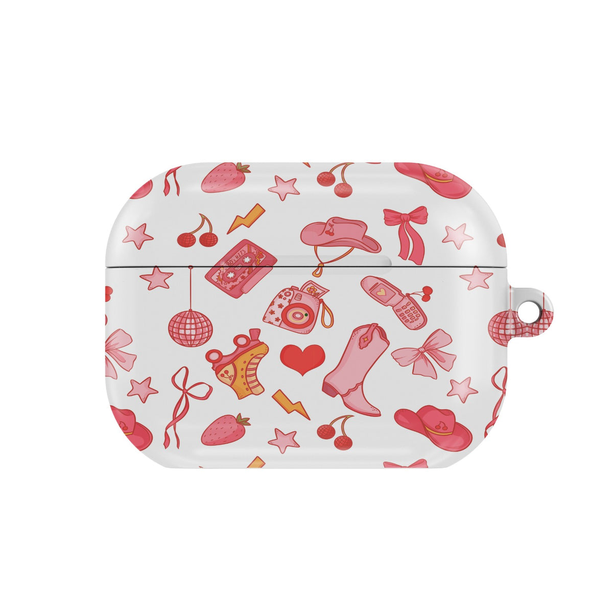 Coquette Cowgirl AirPods case — pink western, closed front view
