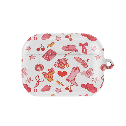 Coquette Cowgirl AirPods case — pink western, closed front view