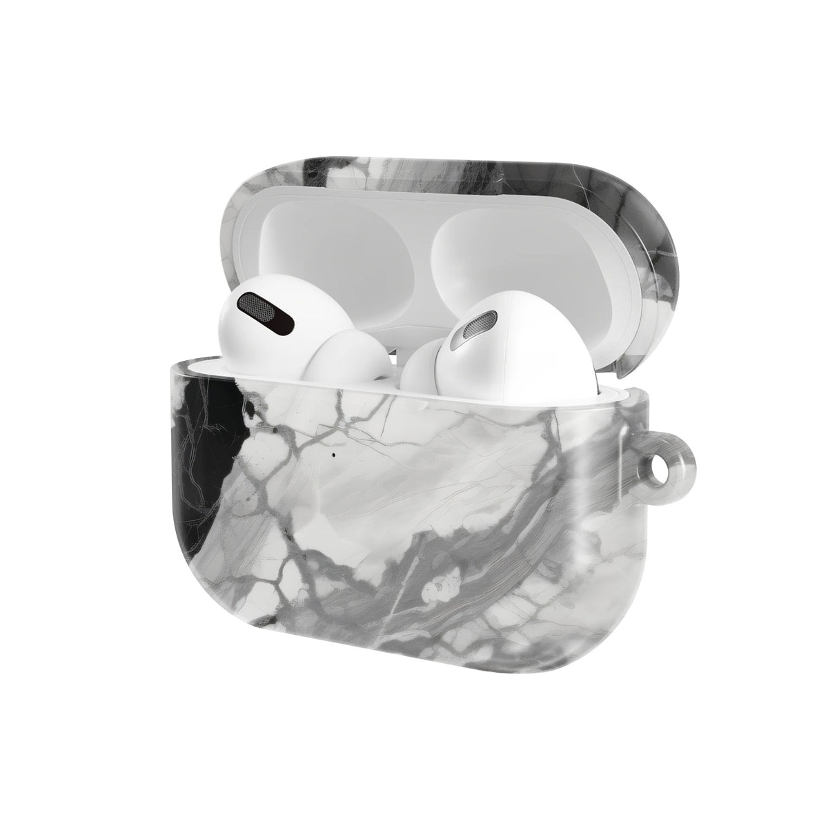 Black & White Marble AirPods case — open angled view