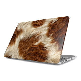 Chestnut Cowhide MacBook case — brown cow print, hard-shell laptop cover, angled lid view
