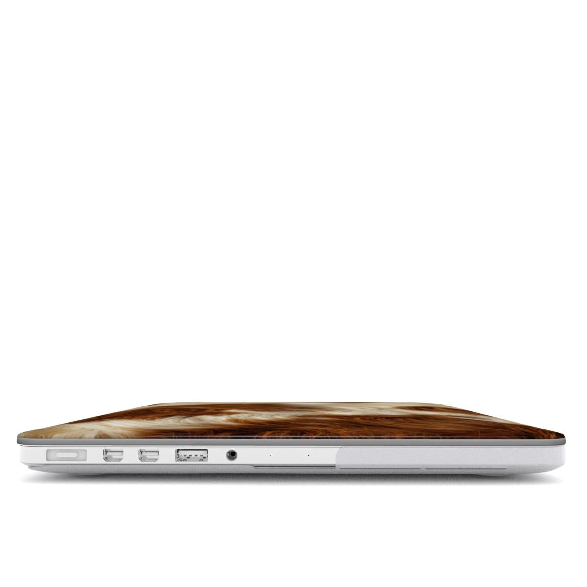 Chestnut Cowhide MacBook case — hard-shell laptop cover, side view with ports