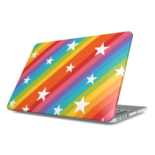 Rainbow Star Stripe MacBook case — rainbow, hard-shell laptop cover, angled lid view