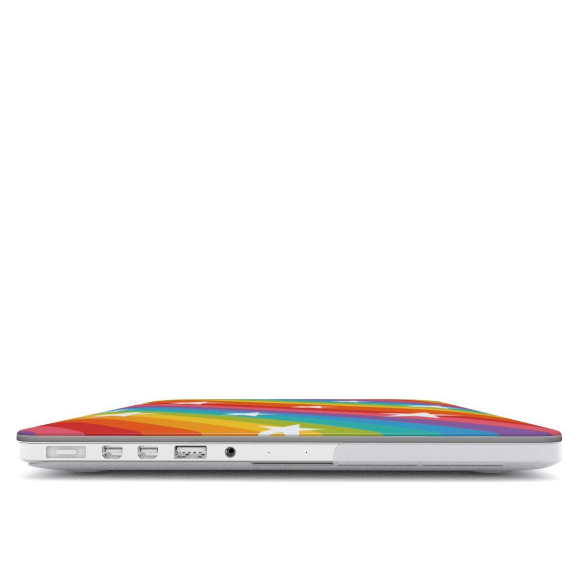 Rainbow Star Stripe MacBook case — hard-shell laptop cover, side view with ports